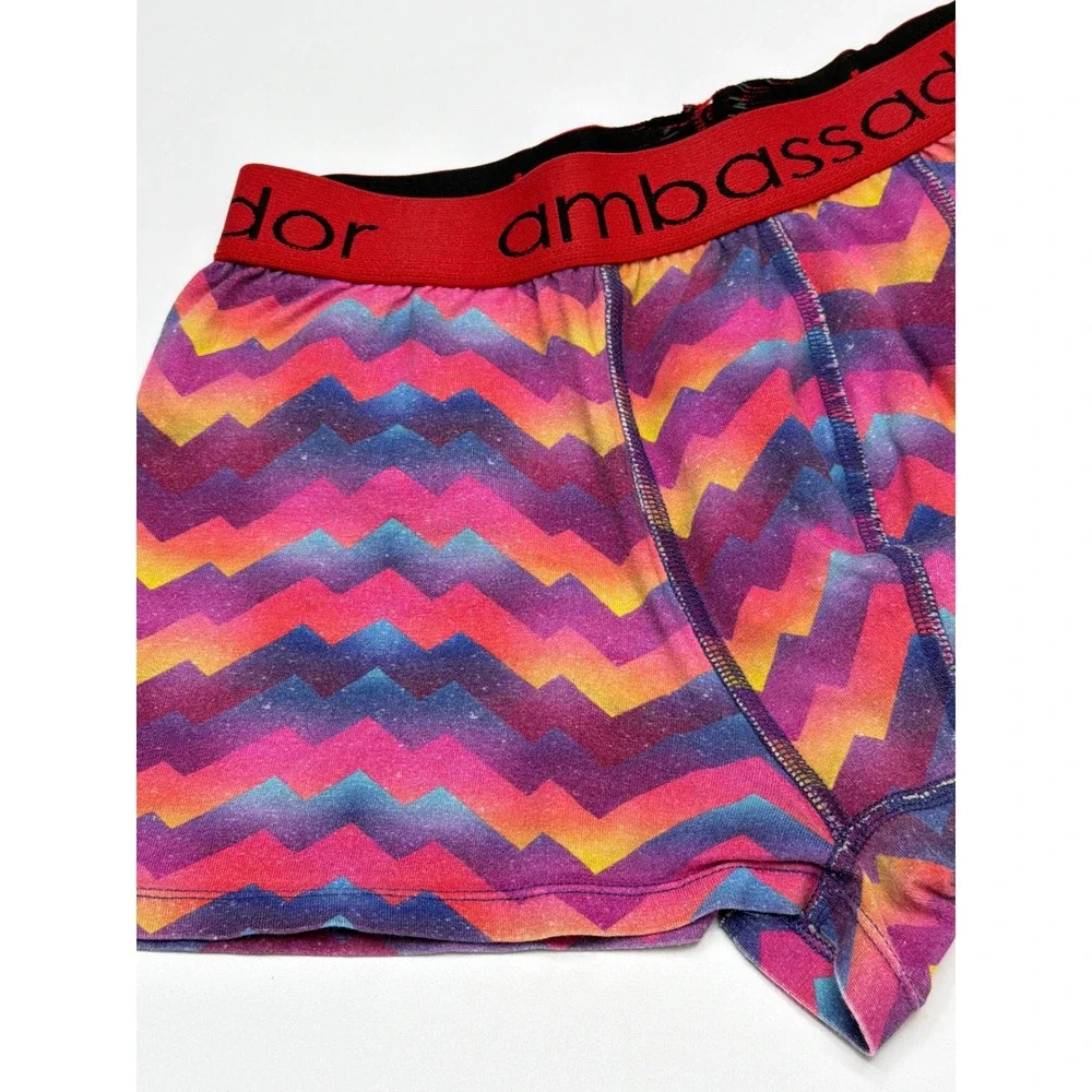 Ambassador Mens Boxer Briefs Colorful Zig Zag Print Red Elastic‎ Size XL